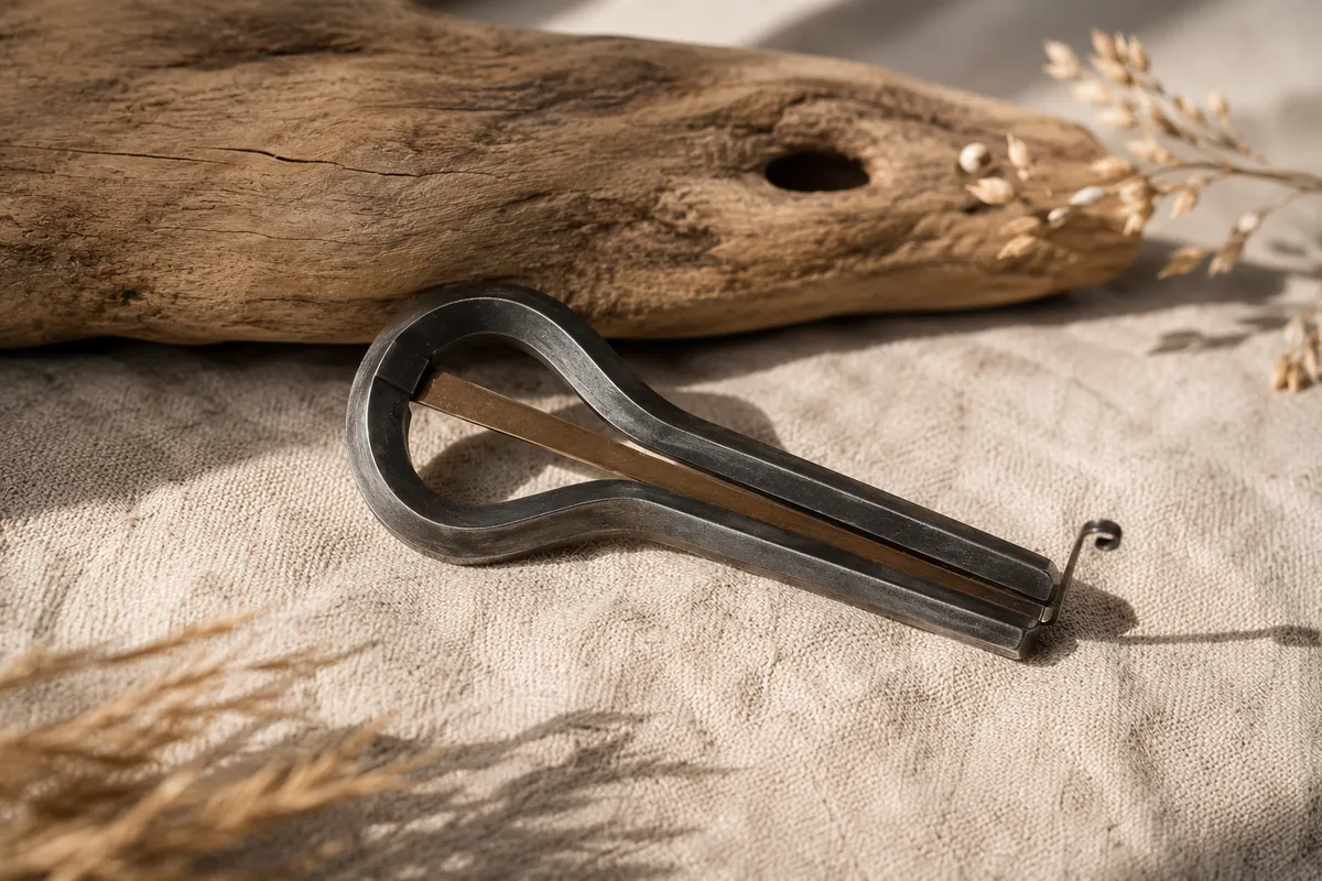 Detalle de un arpa de boca de metal apoyada sobre madera flotante, con espigas secas alrededor