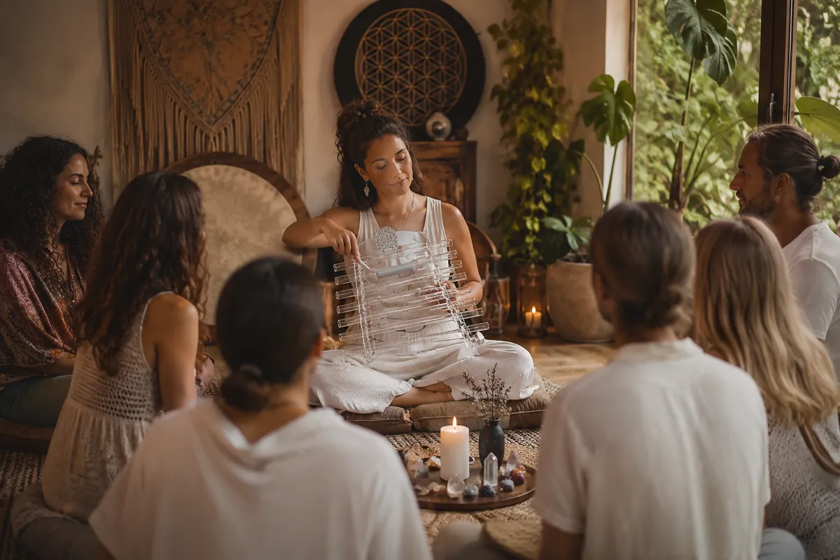 Facilitadora tocando arpa de cristal en un círculo grupal, con velas y cristales en el centro