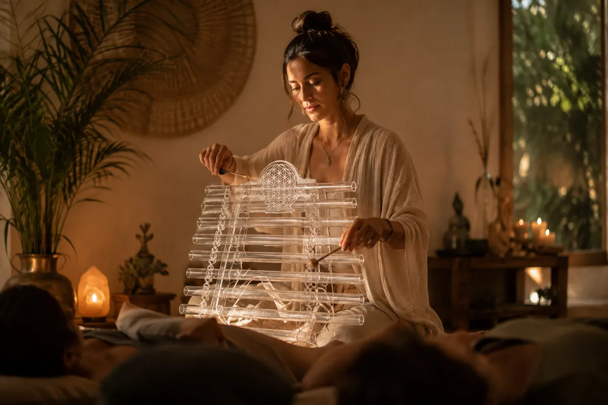 Facilitadora tocando un arpa de cristal con mazo durante una sesión, junto a dos personas tumbadas
