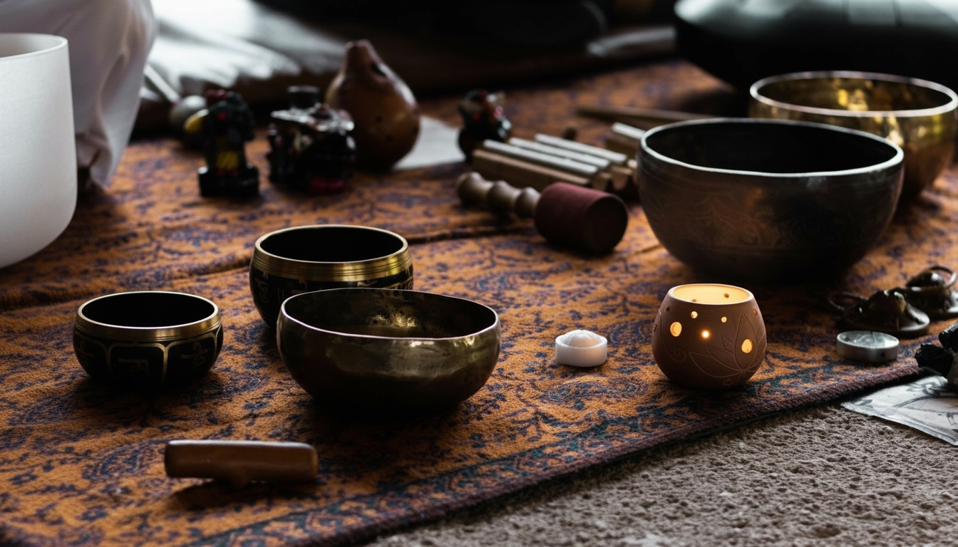 Cuencos tibetanos, cuenco de cuarzo y diapasones, instrumentos utilizados en baño de sonido