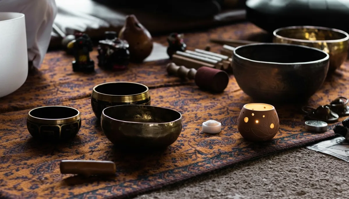 Cuencos tibetanos, cuenco de cuarzo y diapasones, instrumentos utilizados en baño de sonido