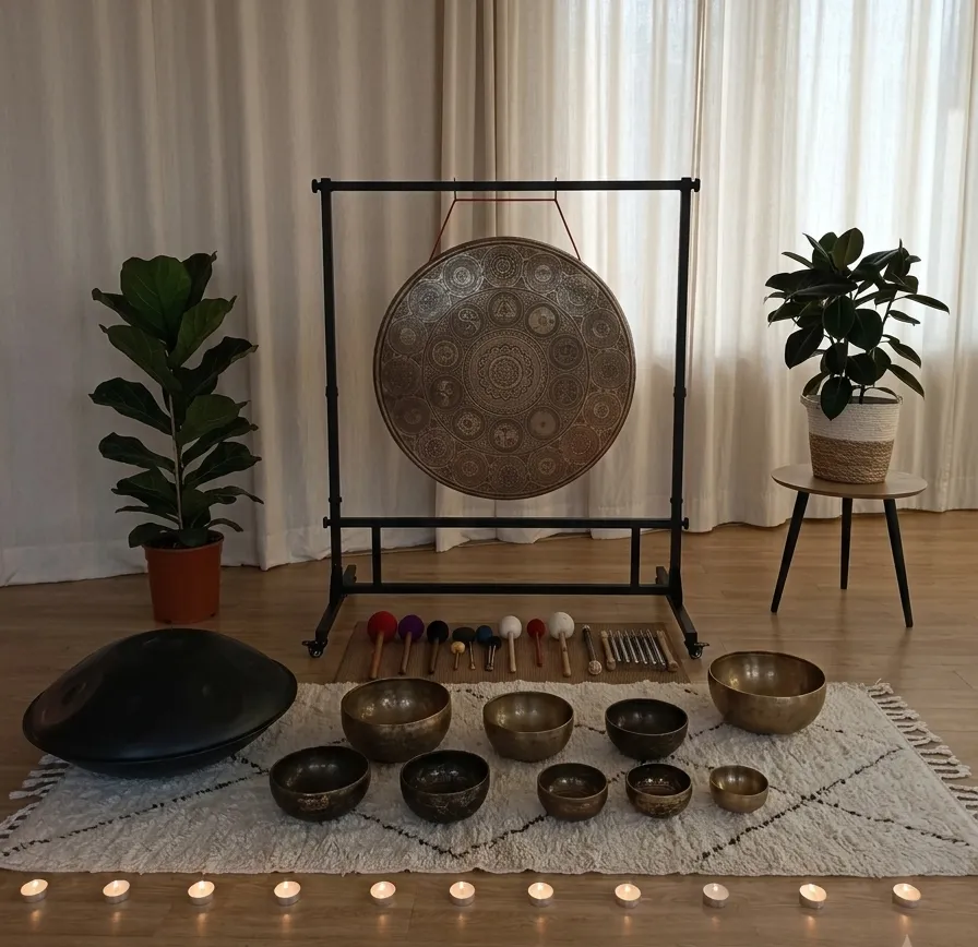 Gong y cuencos tibetanos preparados para una sesión de baño de sonido