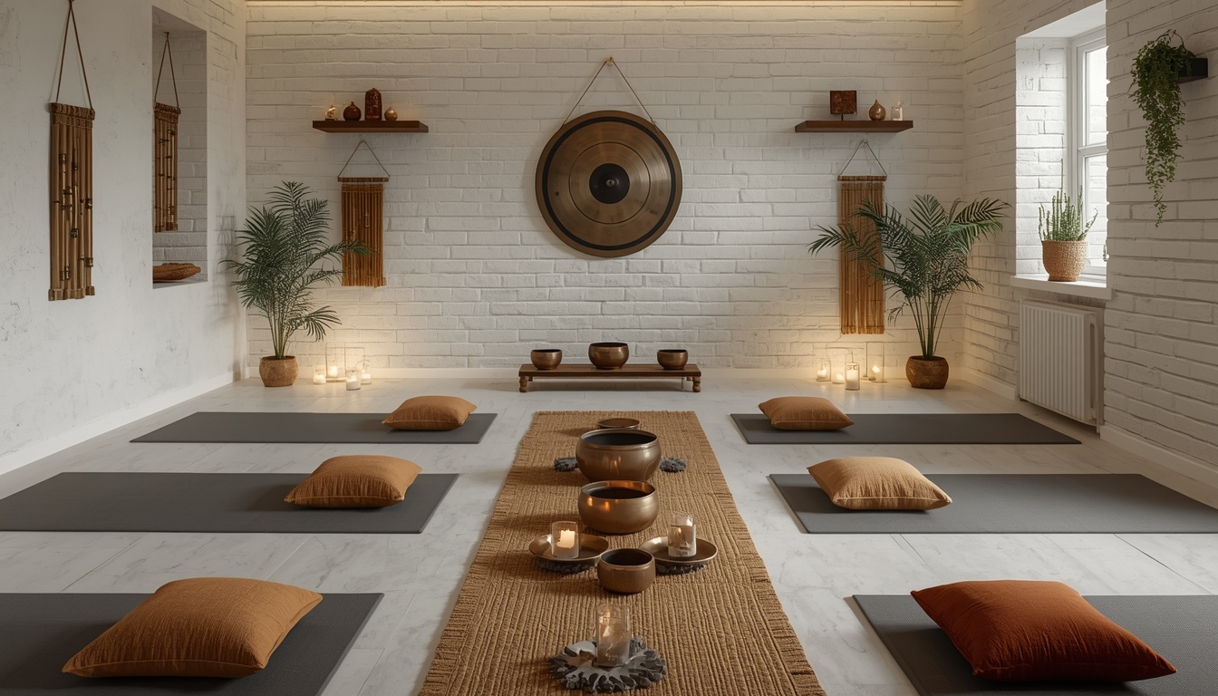 Sala preparada para sesión grupal de baño de sonido con cuencos tibetanos, gong y cojines