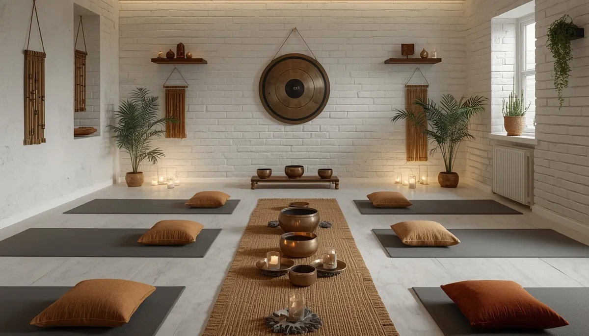 Sala preparada para sesión grupal de baño de sonido con cuencos tibetanos, gong y cojines