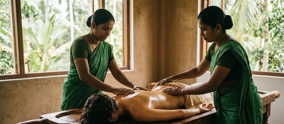 Dos terapeutas ayurvédicas realizando masaje tradicional con aceites medicinales en centro de ayurveda de Sri Lanka