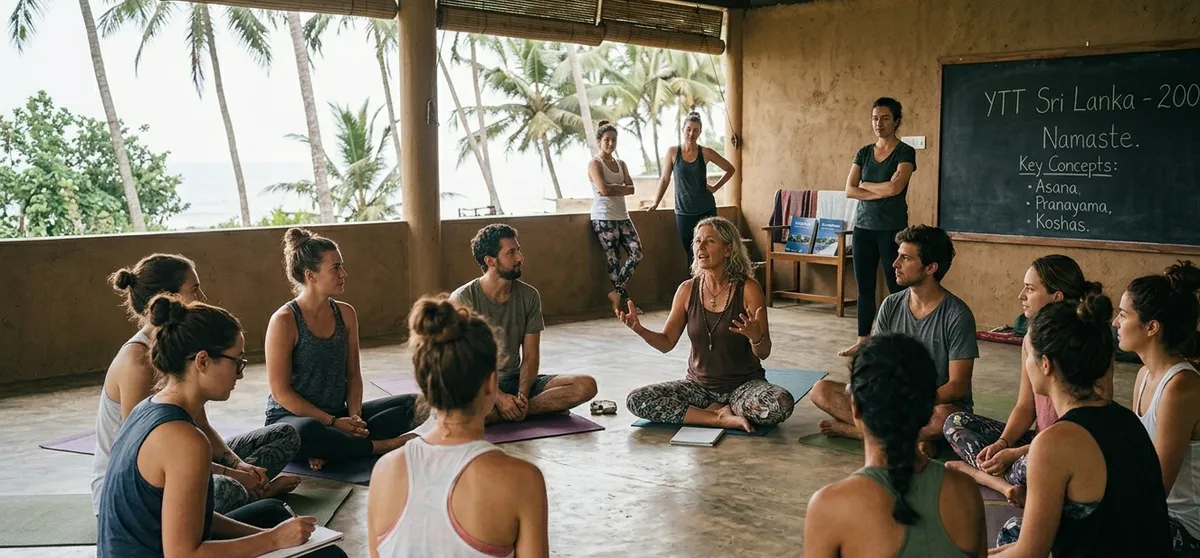 Círculo de formación de profesores de yoga en Sri Lanka con pizarra YTT Sri Lanka al fondo