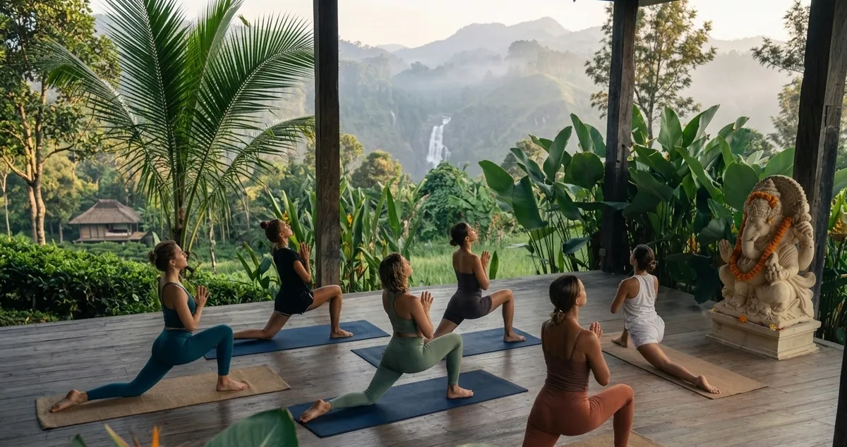 Clase de yoga en la selva tropical de Sri Lanka con cascada y vegetación exuberante al fondo
