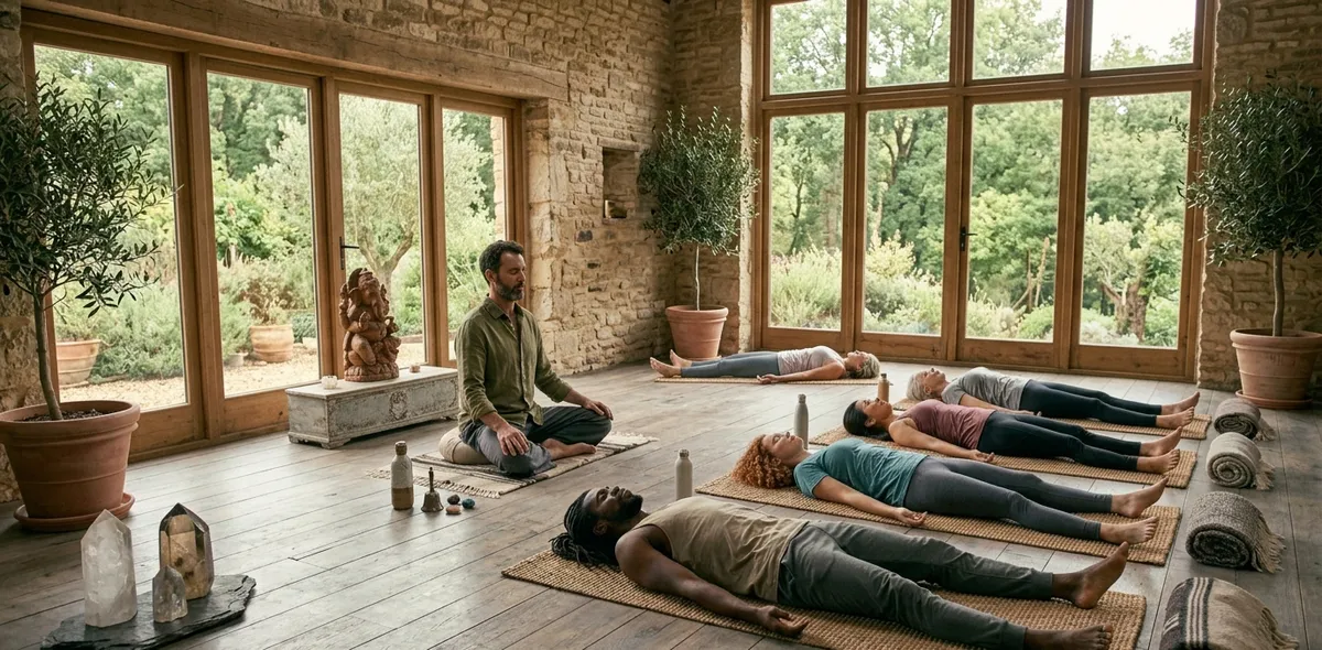 Facilitador de breathwork con grupo de participantes en sesión grupal
