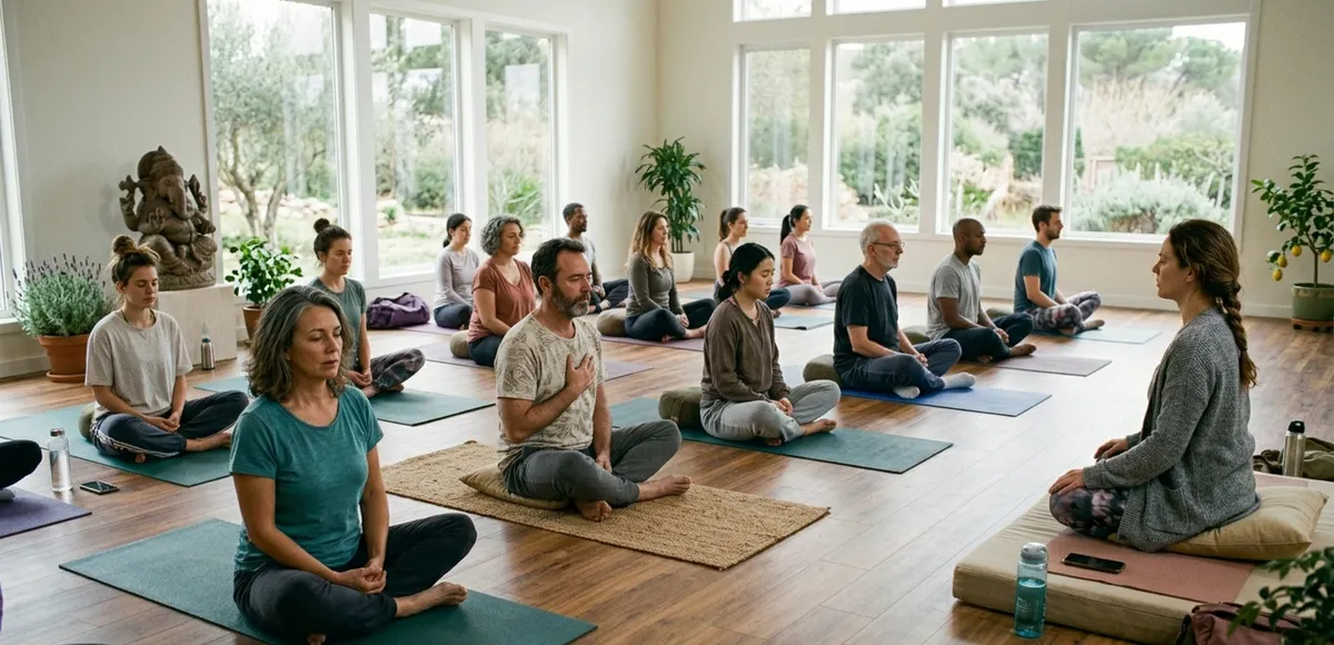 Grupo de personas sentadas en meditación consciente durante sesión de breathwork en estudio con luz natural