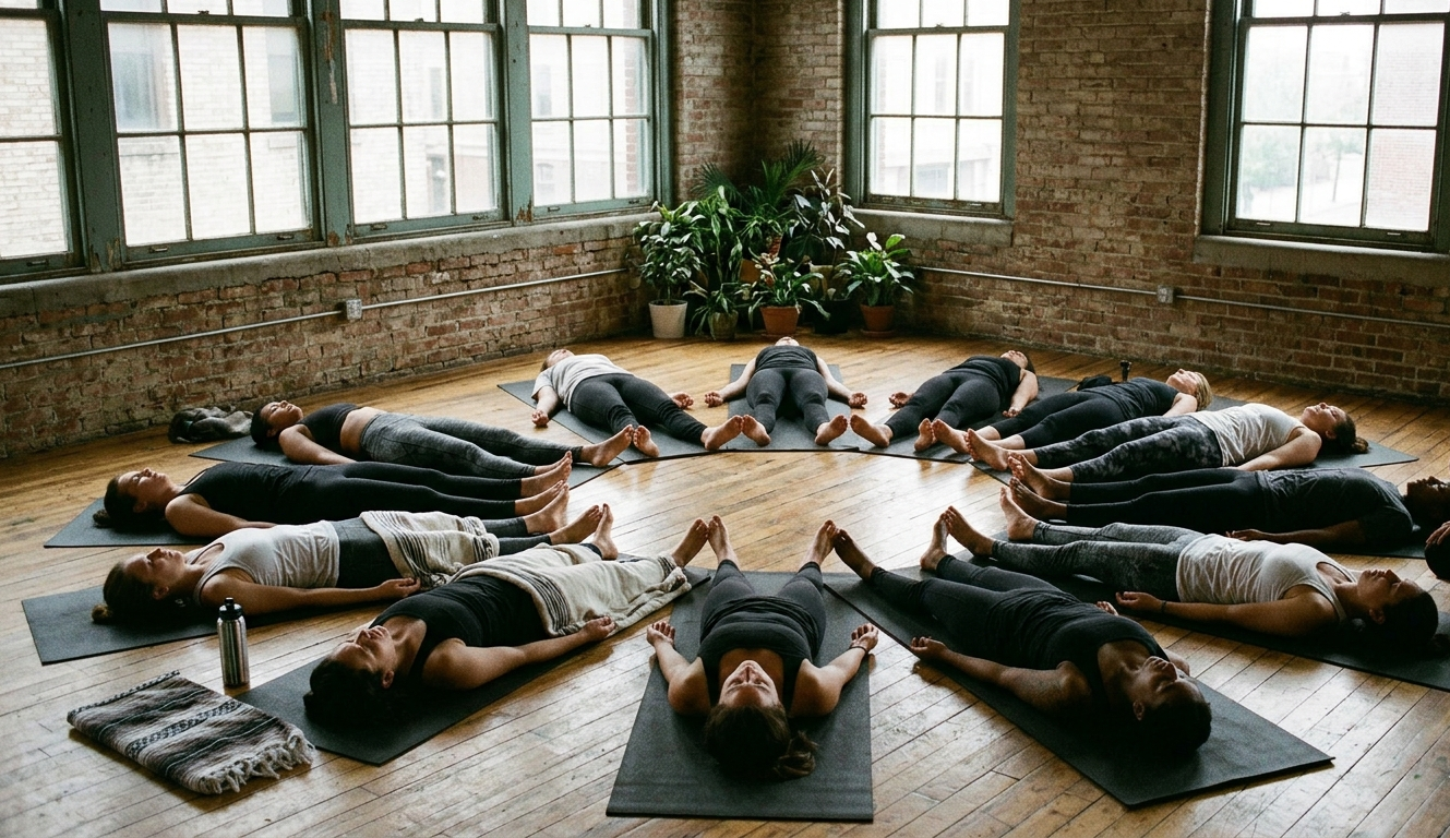 Grupo de personas tumbadas en círculo sobre esterillas durante una sesión grupal de breathwork