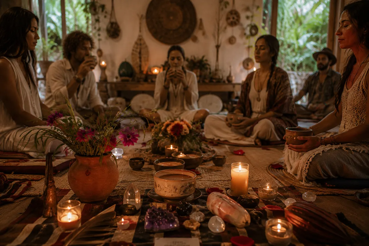 Grupo de personas en círculo de cacao ceremonial con velas, flores y cuencos en sala holística