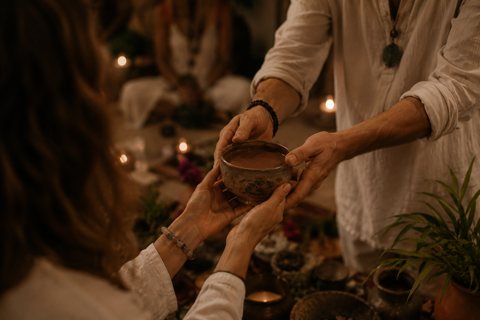 Facilitador entregando cuenco de cerámica con cacao ceremonial a participante en espacio con velas