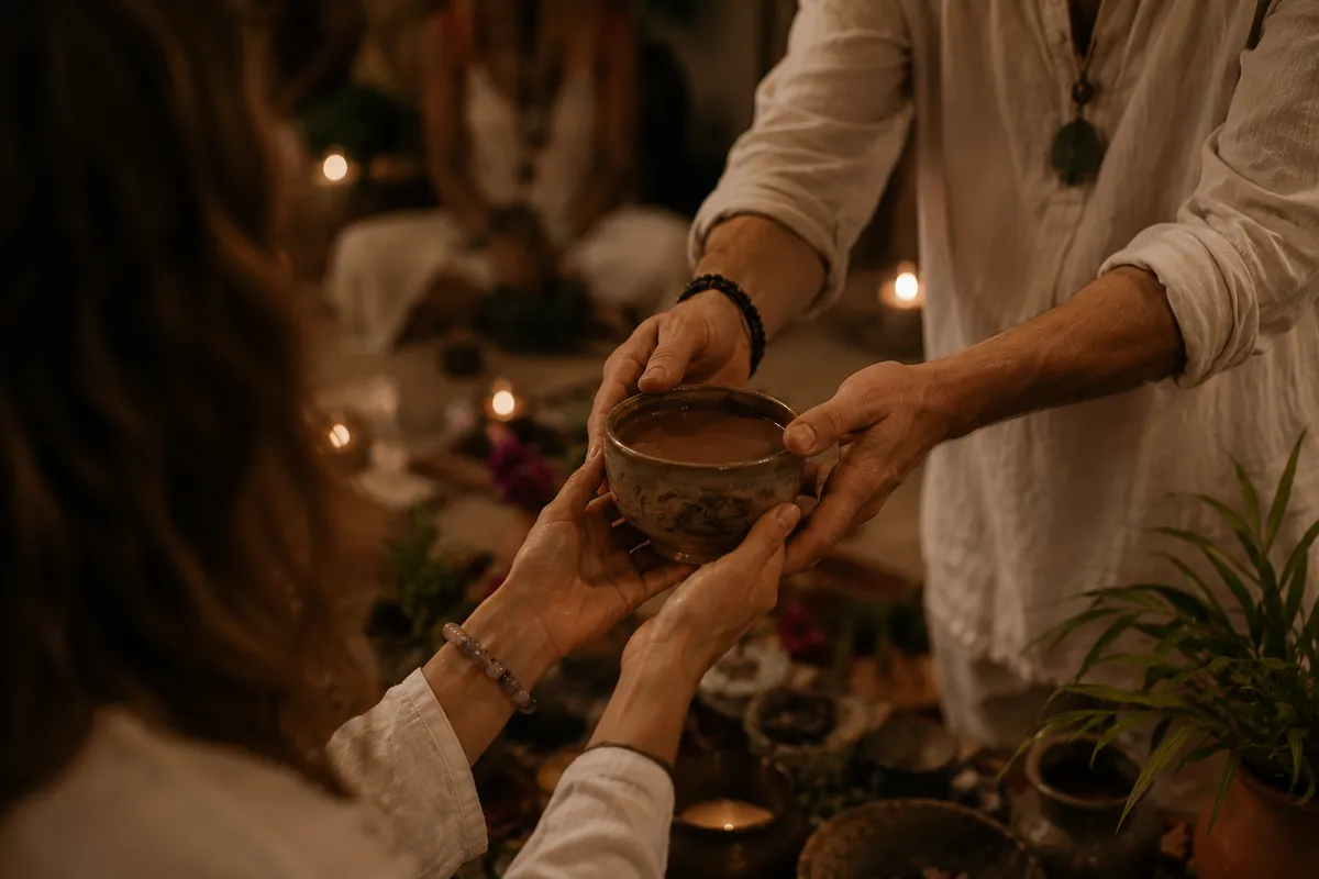 Facilitador entregando un cuenco de infusión ceremonial a una participante, en ambiente de velas