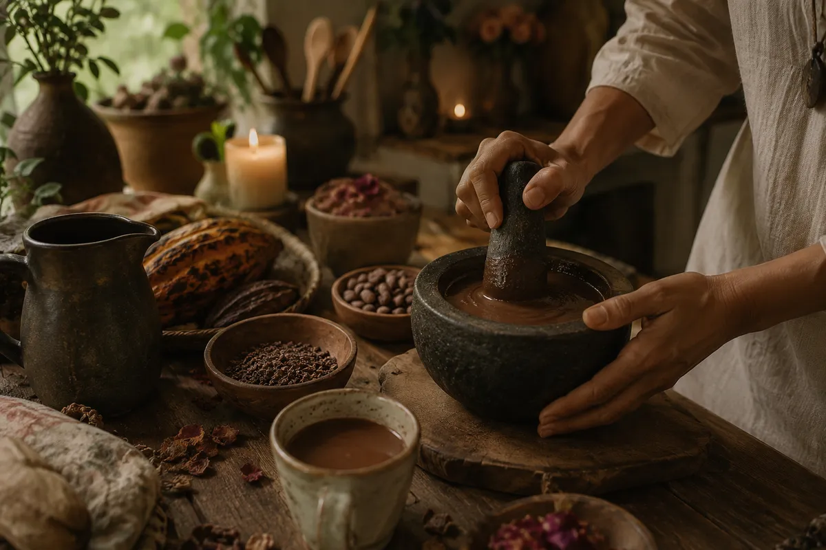 Preparación artesanal de una infusión ceremonial con mortero de piedra, flores secas y una taza sobre una mesa de madera
