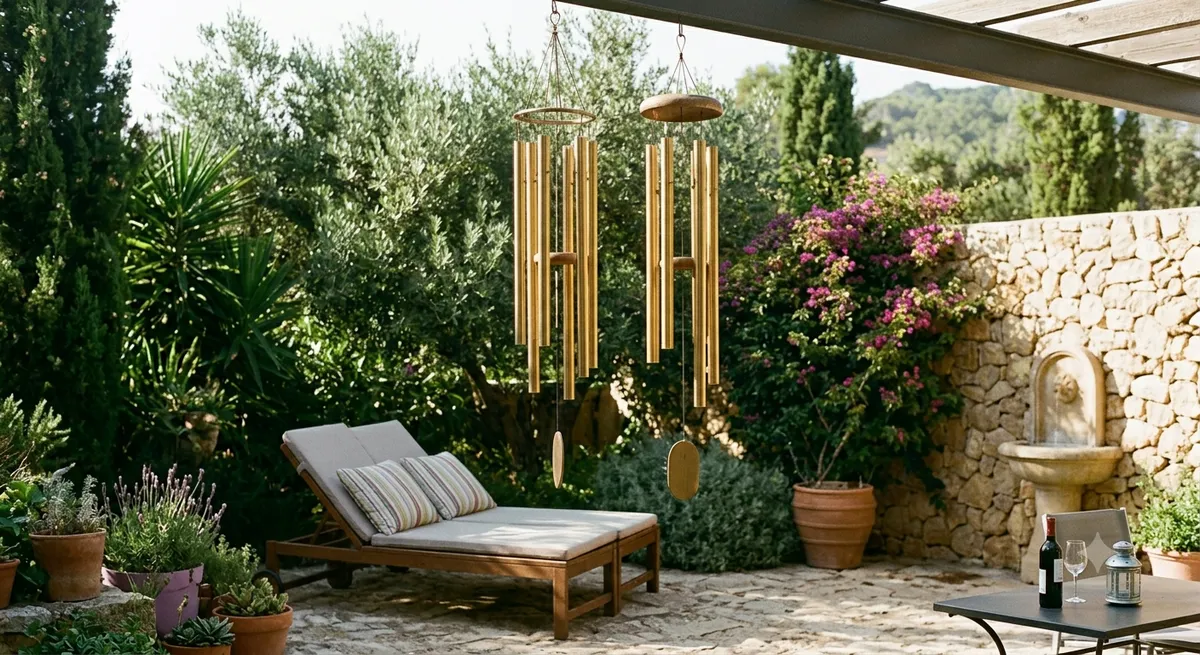 Campana de viento de metal dorado colgada en jardín exterior mediterráneo con tumbona, bougainvillea y fuente de piedra
