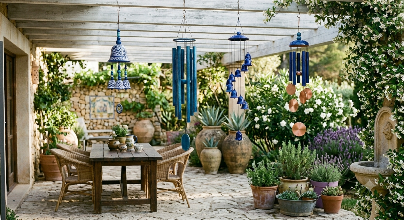 Varios tipos de campanas de viento de colores azul y cobre colgadas en terraza mediterránea con jardín exuberante y olivos