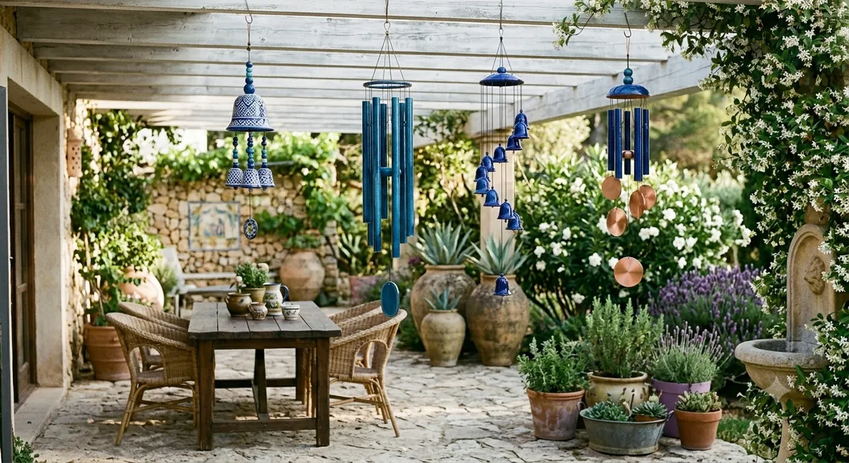 Varios tipos de campanas de viento de colores azul y cobre colgadas en terraza mediterránea con jardín exuberante y olivos