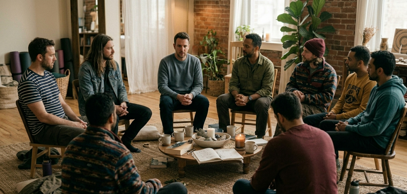 Hombres en círculo de conversación en espacio interior informal con velas