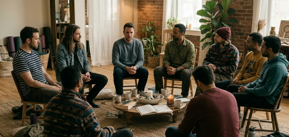 Hombres en círculo de conversación en espacio interior informal con velas