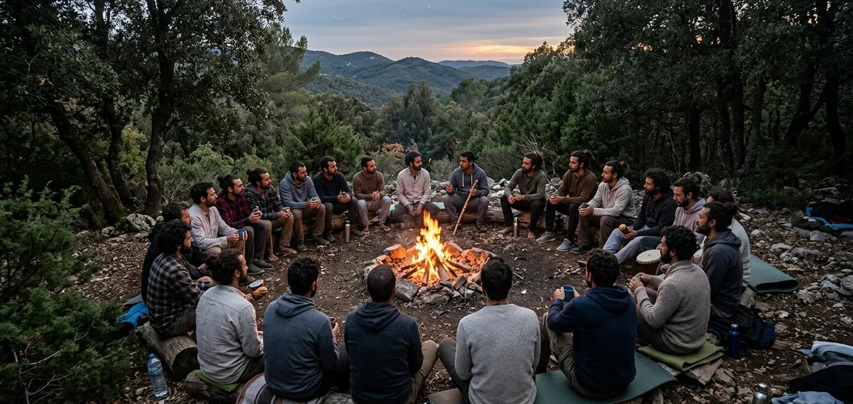 Grupo de hombres en círculo alrededor de una hoguera en la naturaleza