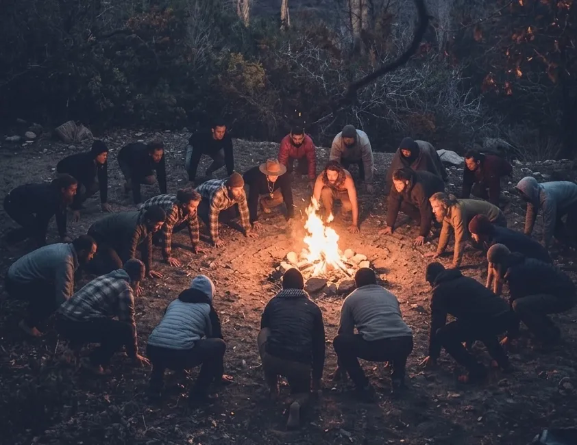 Grupo de hombres en ritual alrededor de hoguera en bosque, círculo de hombres en retiro