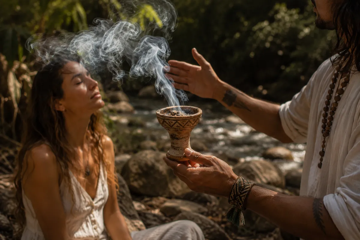Facilitador realizando una limpia con humo de copal a una mujer junto a un río, en ceremonia al aire libre