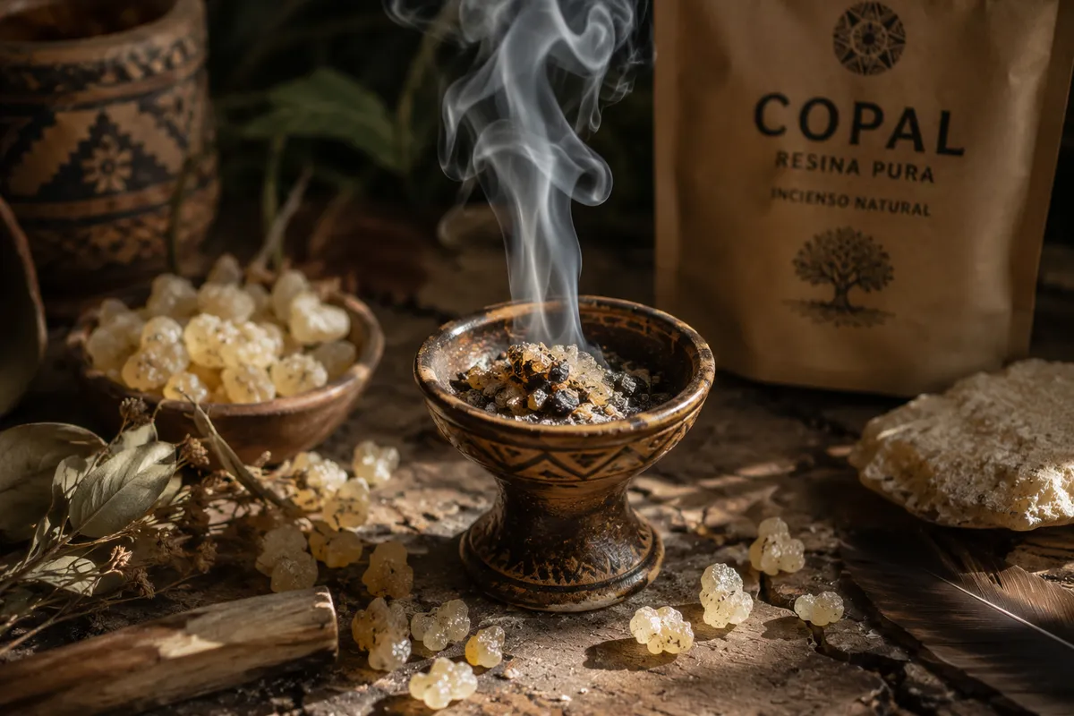 Trozos de resina de copal ardiendo sobre un quemador de barro tradicional, con más resina y hojas alrededor