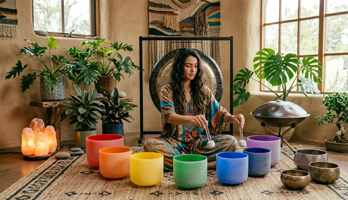 Facilitadora rodeada de siete cuencos de cuarzo en colores del arcoíris, con gong y handpan al fondo