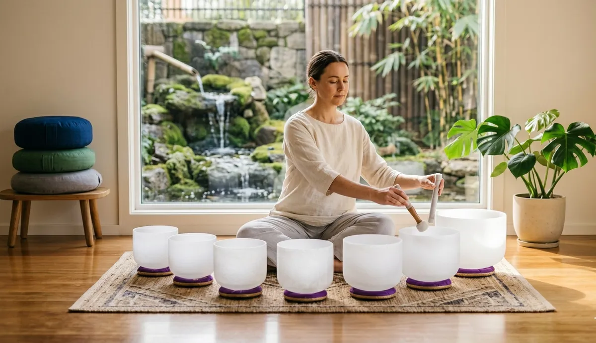 Mujer tocando set de cuencos de cuarzo blancos en interior luminoso con jardín al fondo