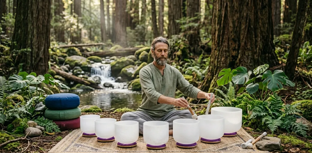 Hombre meditando en bosque con set de siete cuencos de cuarzo junto a cascada