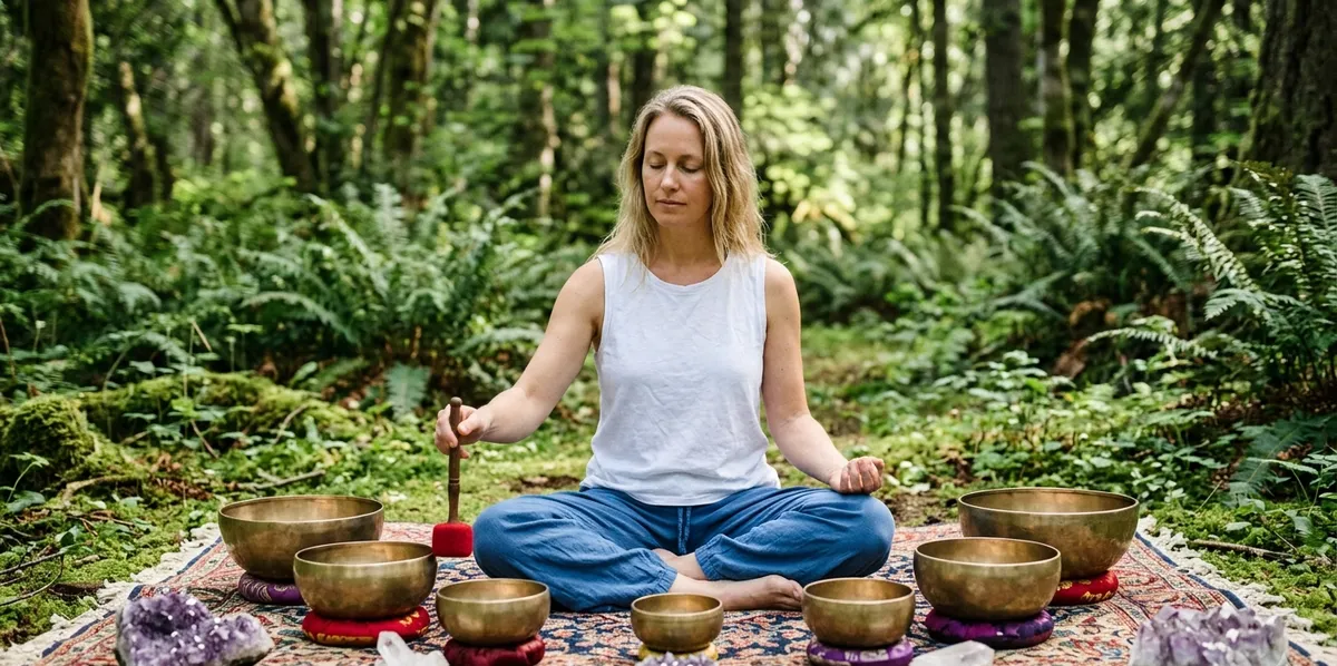 Facilitadora tocando cuenco tibetano dorado con maza en bosque, rodeada de varios cuencos y cristal de amatista