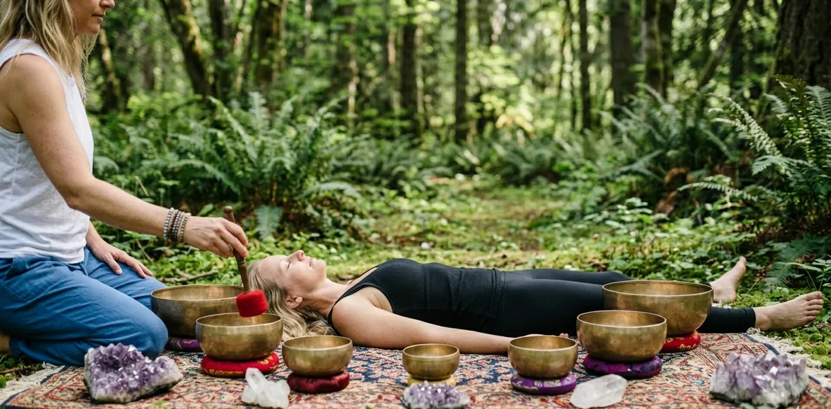 Facilitadora tocando cuenco tibetano junto a persona tumbada en sesión individual al aire libre en bosque