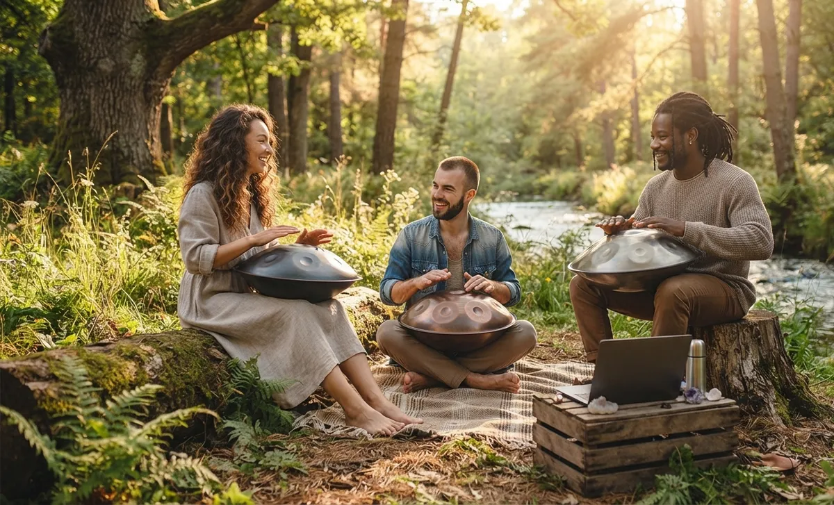 Grupo de tres personas aprendiendo handpan juntos en el bosque con portátil