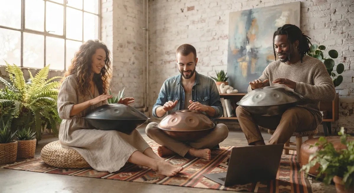 Grupo de tres personas tocando handpan en interior luminoso siguiendo curso online