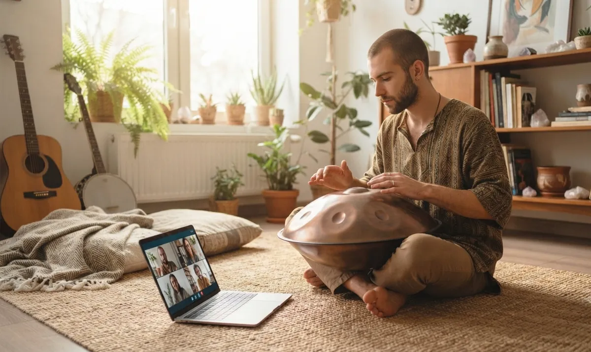 Hombre tocando handpan durante una clase online con videollamada grupal en portátil
