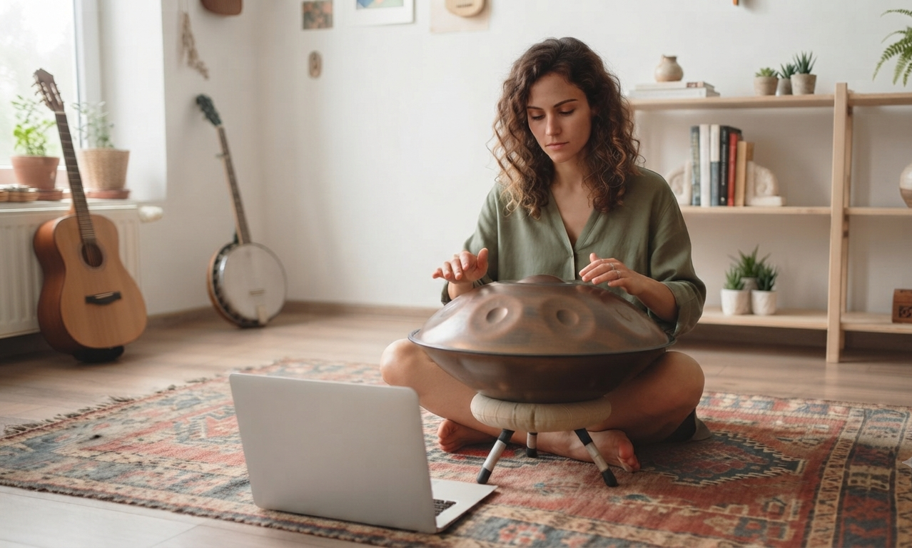 Mujer aprendiendo a tocar el handpan en casa siguiendo un curso online con portátil