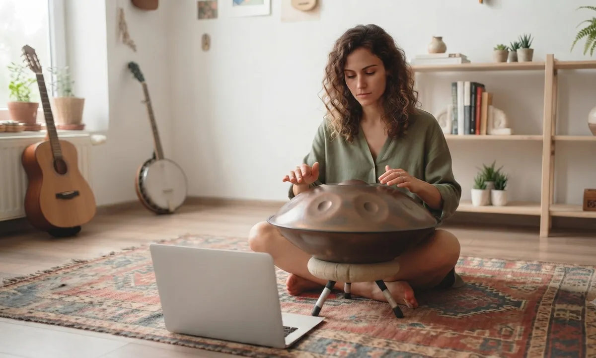 Mujer aprendiendo a tocar el handpan en casa siguiendo un curso online con portátil