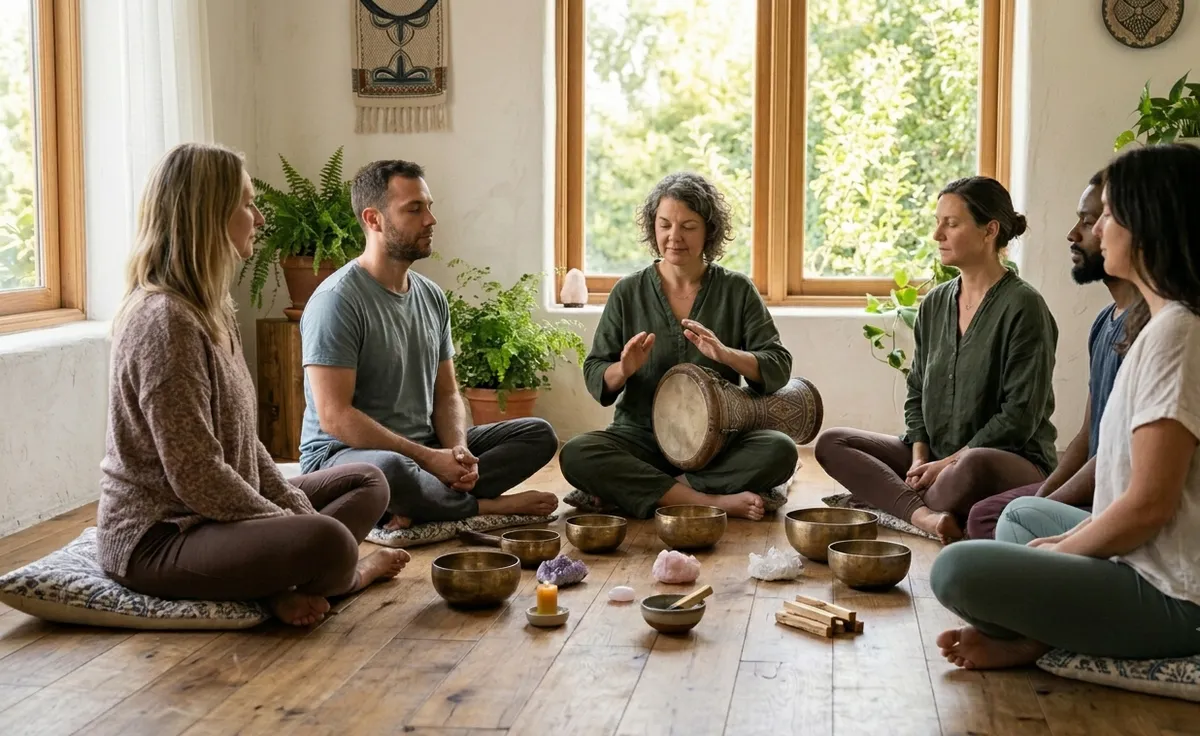 Facilitadora tocando la darbuka en círculo grupal de percusión con cuencos tibetanos en sala luminosa