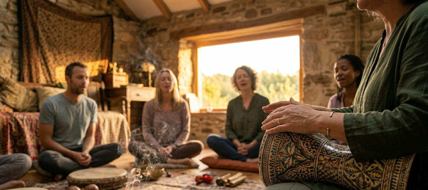 Grupo de personas en círculo con facilitador tocando la darbuka en sala rústica de piedra con luz cálida