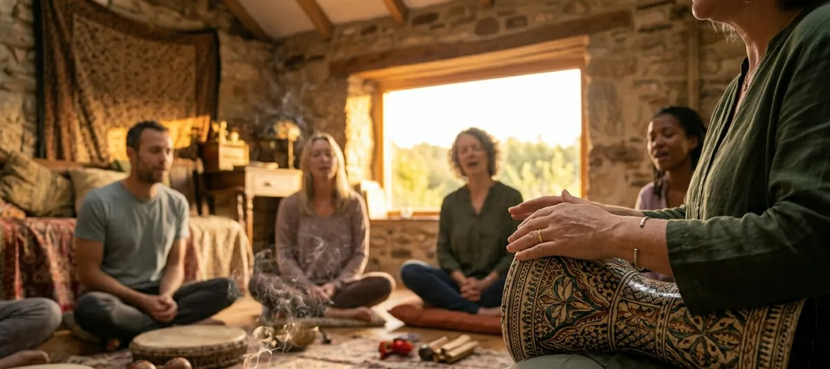 Grupo de personas en círculo con facilitador tocando la darbuka en sala rústica de piedra con luz cálida
