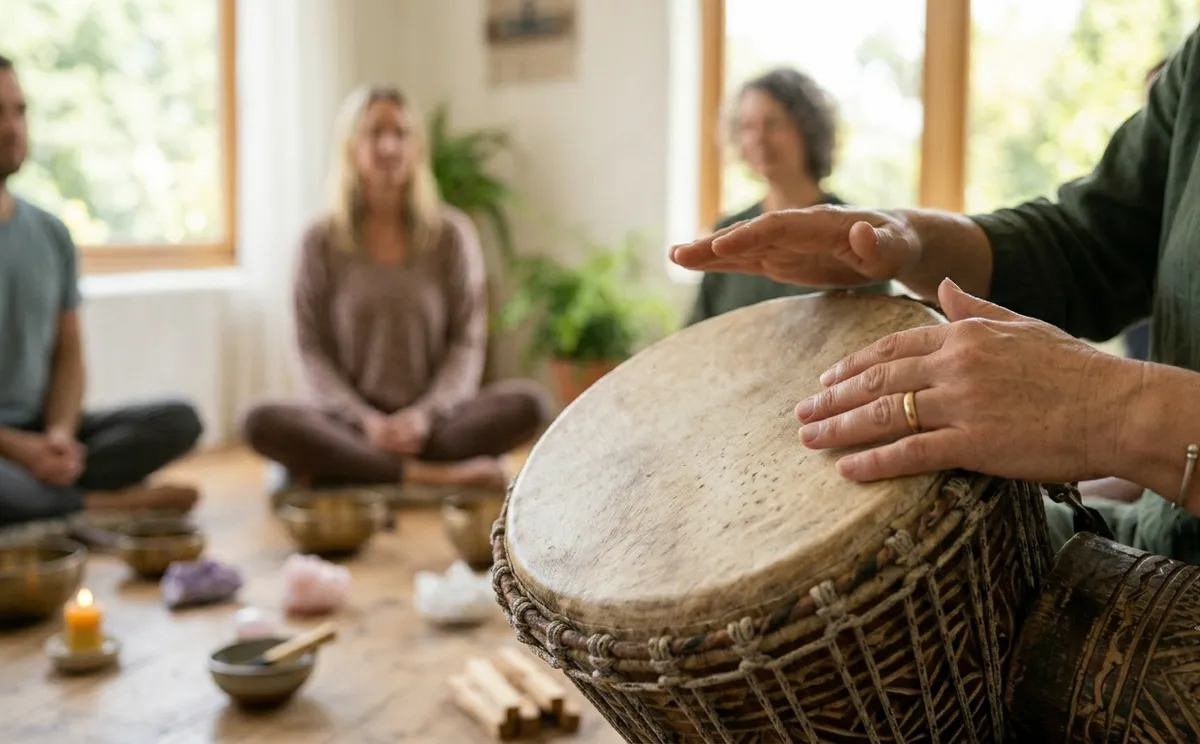 Manos tocando la darbuka en primer plano técnica árabe con participantes meditando al fondo