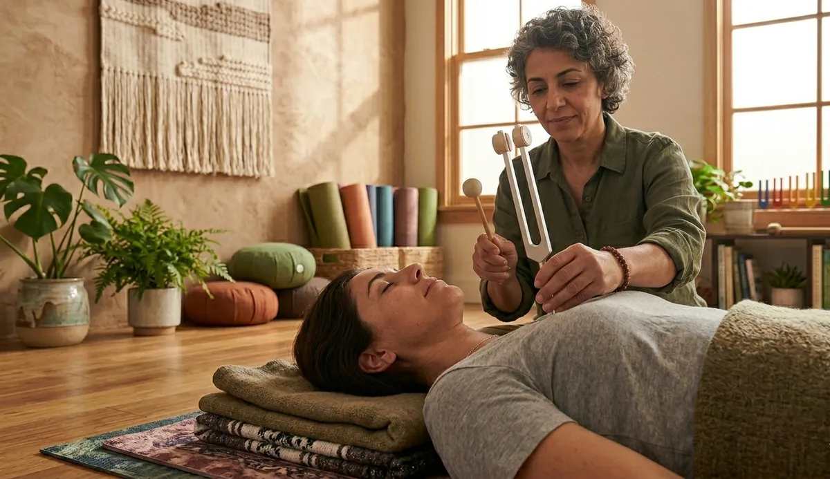 Facilitadora aplicando diapasones terapéuticos cerca de la cabeza de persona tumbada en sala de sonoterapia