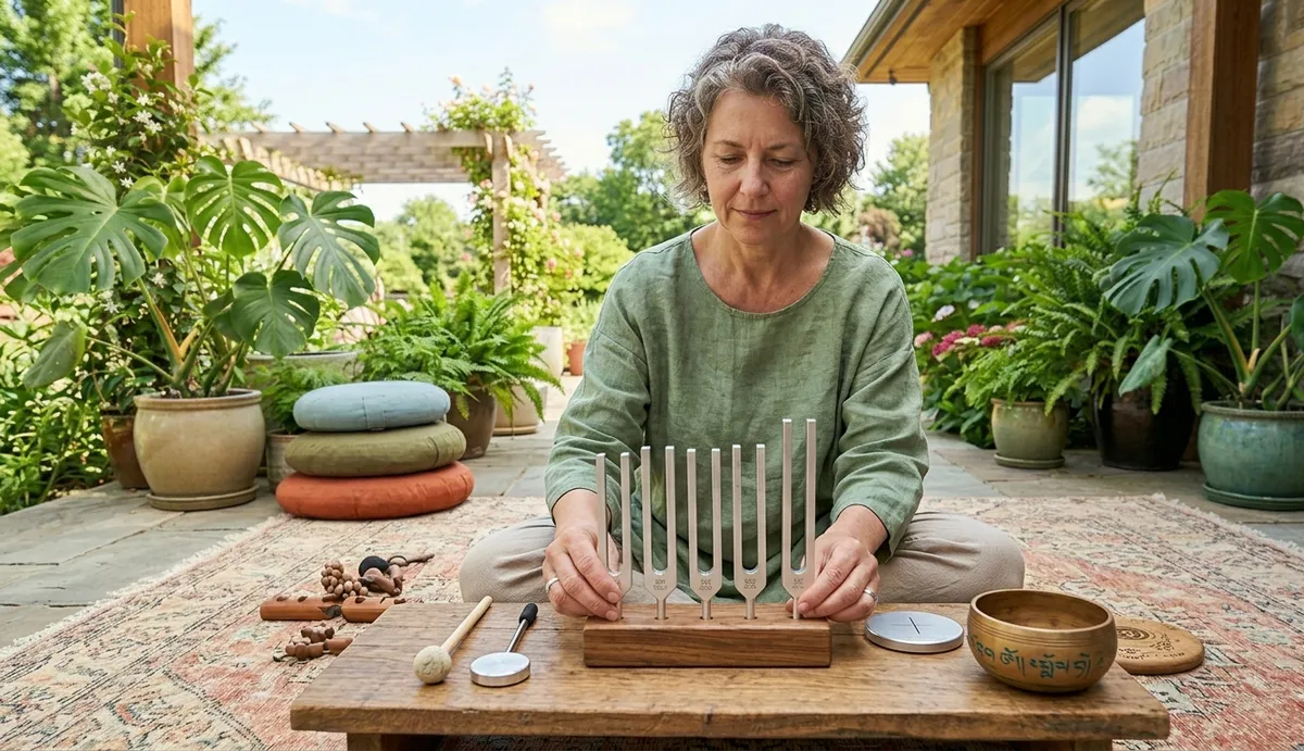 Mujer con set completo de diapasones terapéuticos en soporte de madera en terraza exterior con jardín verde