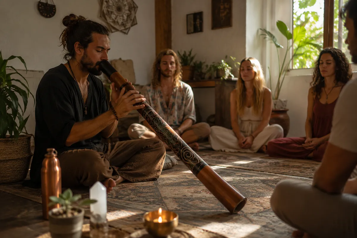 Facilitador tocando didgeridoo ante un grupo sentado en círculo en sesión de sound healing