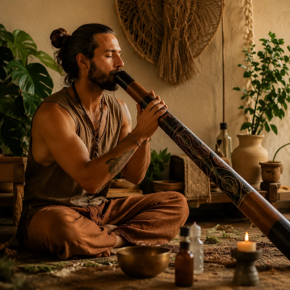 Hombre tocando didgeridoo sentado en meditación junto a un cuenco tibetano y velas en un espacio interior