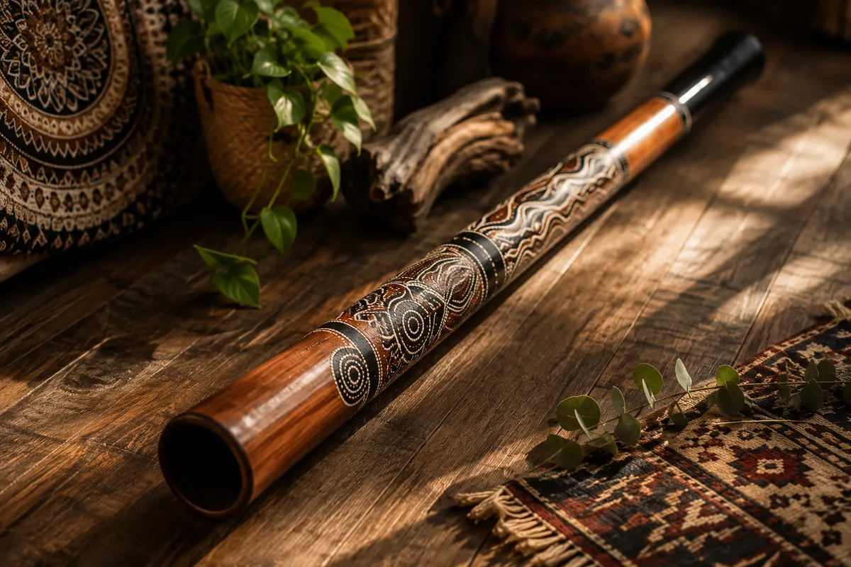 Detalle de un didgeridoo de madera decorado con motivos tradicionales aborígenes sobre suelo de madera