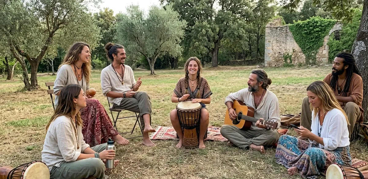 Grupo de personas en círculo al aire libre tocando djembe y guitarra en un círculo de percusión
