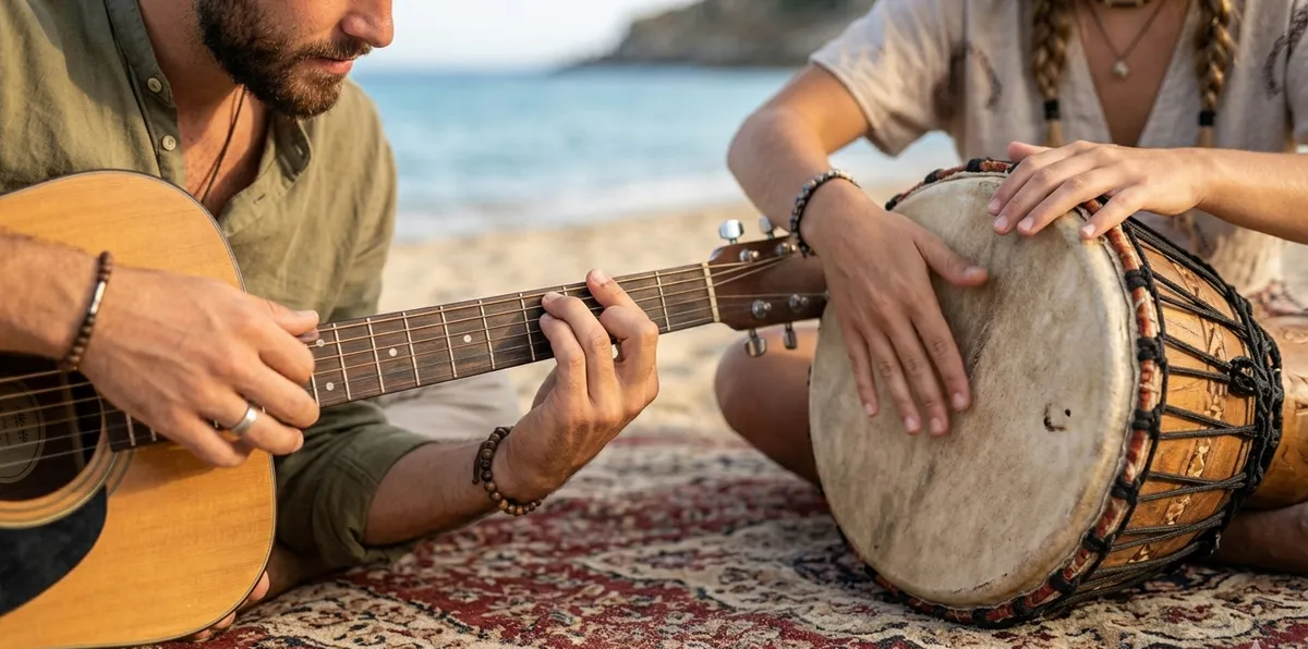 Manos tocando un djembe de piel natural en primer plano, mostrando la técnica de contacto con el parche