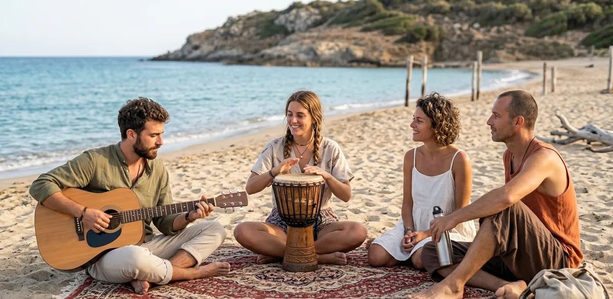 Grupo de cuatro personas tocando djembe y guitarra en la playa, ejemplo de círculo de percusión informal