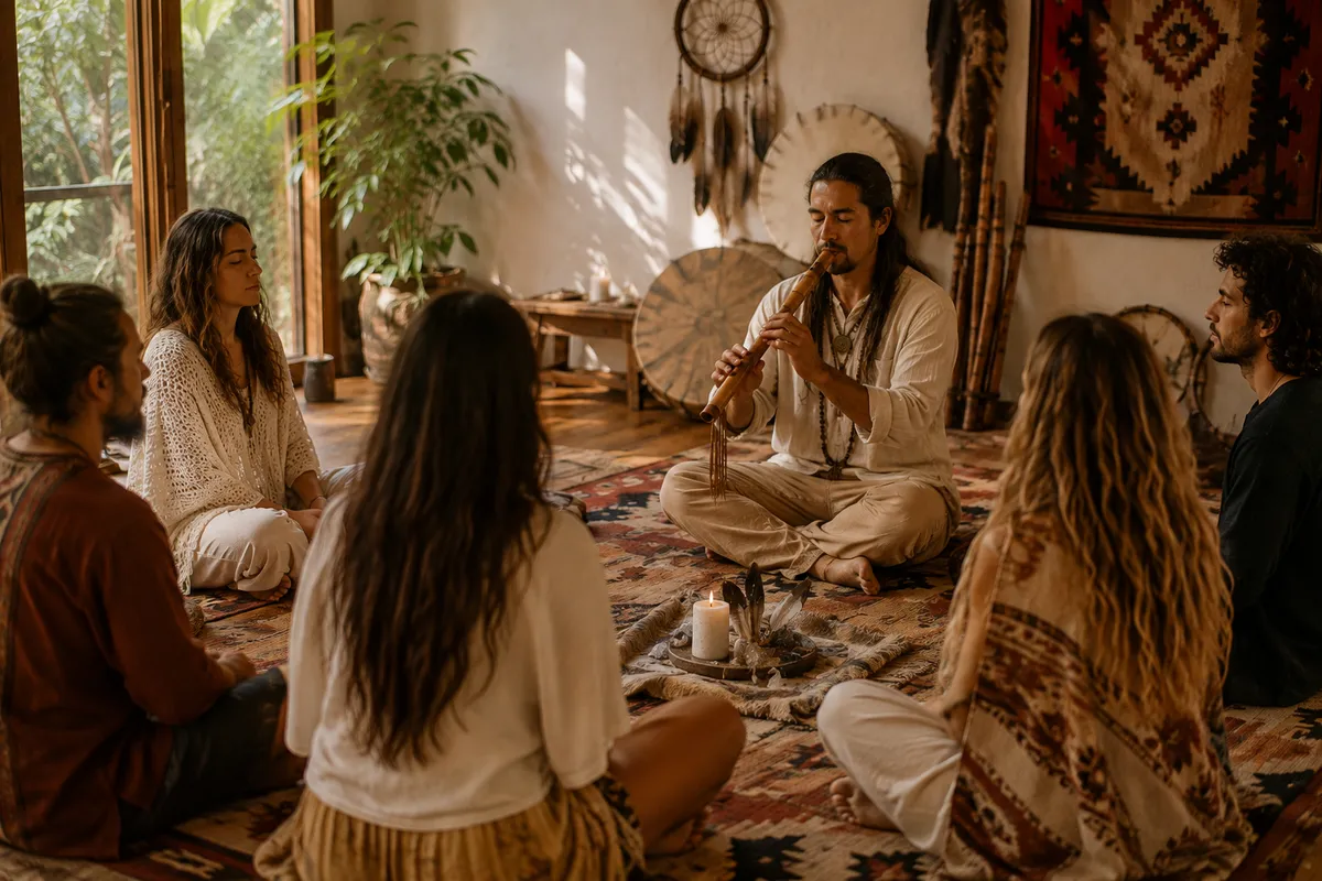 Facilitador tocando flauta nativa americana ante un círculo de personas sentadas en interior con tapiz y alfombras